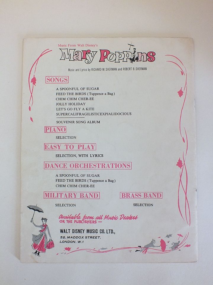 Songs From Walt Disney's Mary Poppins Starring Julie Andrews & Dick van Dyke. Easy Piano Sheet Music with Lyrics, 1960s