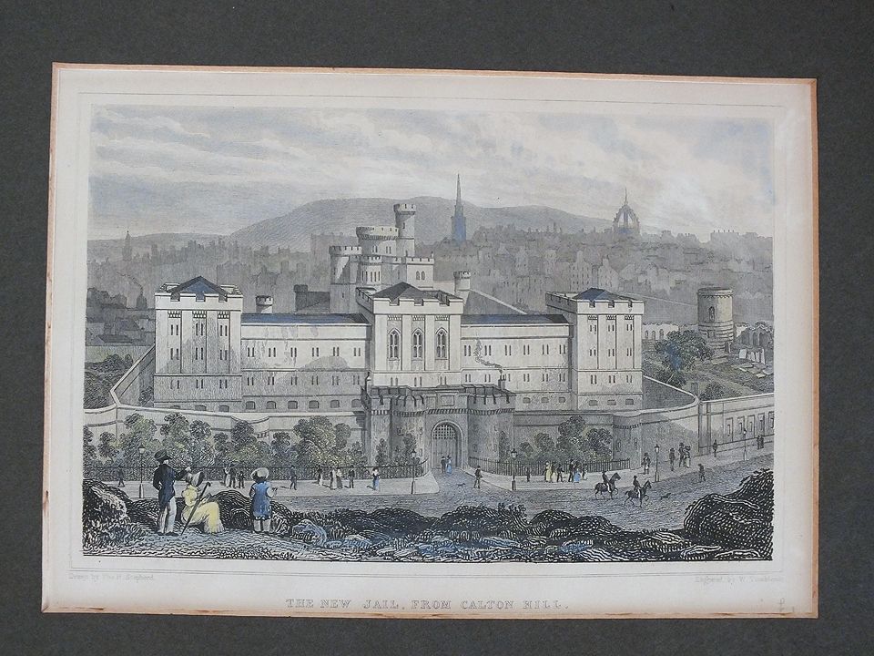 The New Jail From Calton Hill, Edinburgh - Antique Colour Tinted Engraving Print By Shepherd / Tombleson