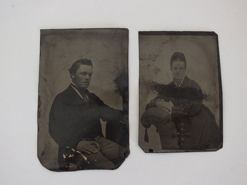 Victorian Tin Type Photos x2, Man and Woman. Circa 1860s