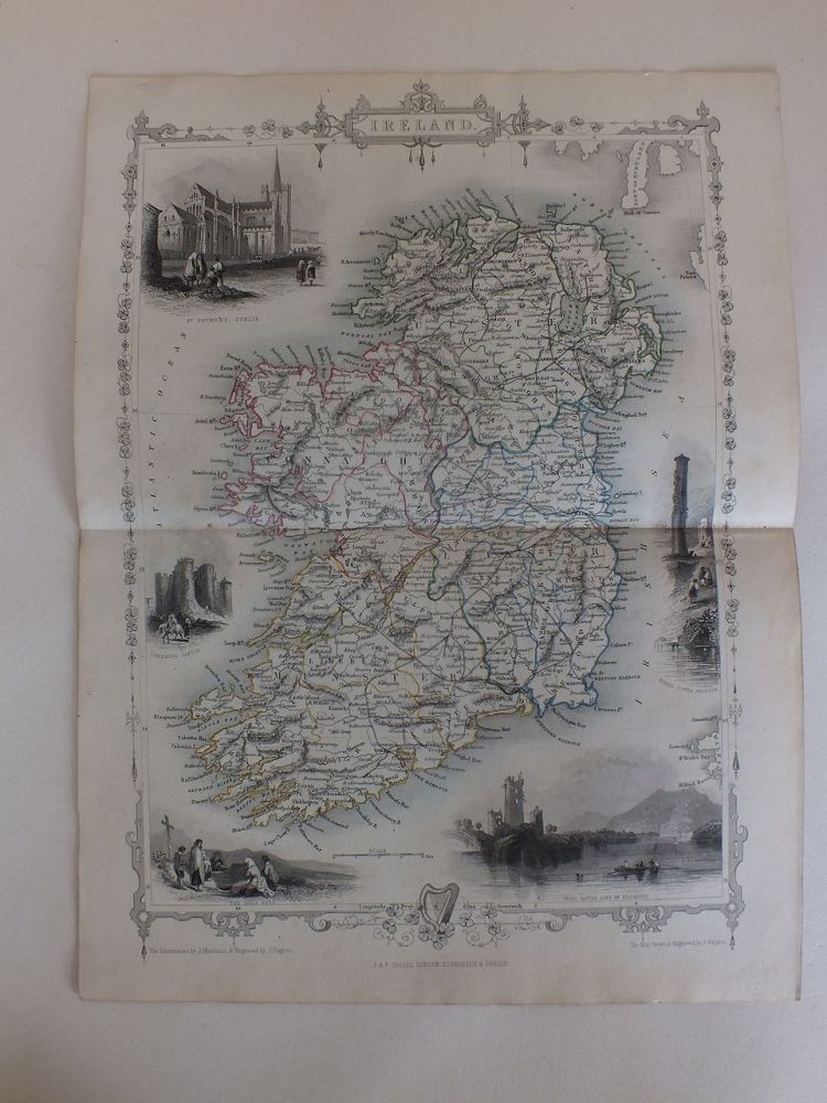 Illustrated Map Of Ireland, J & F Tallis, London, Edinburgh & Dublin, 19th Century 