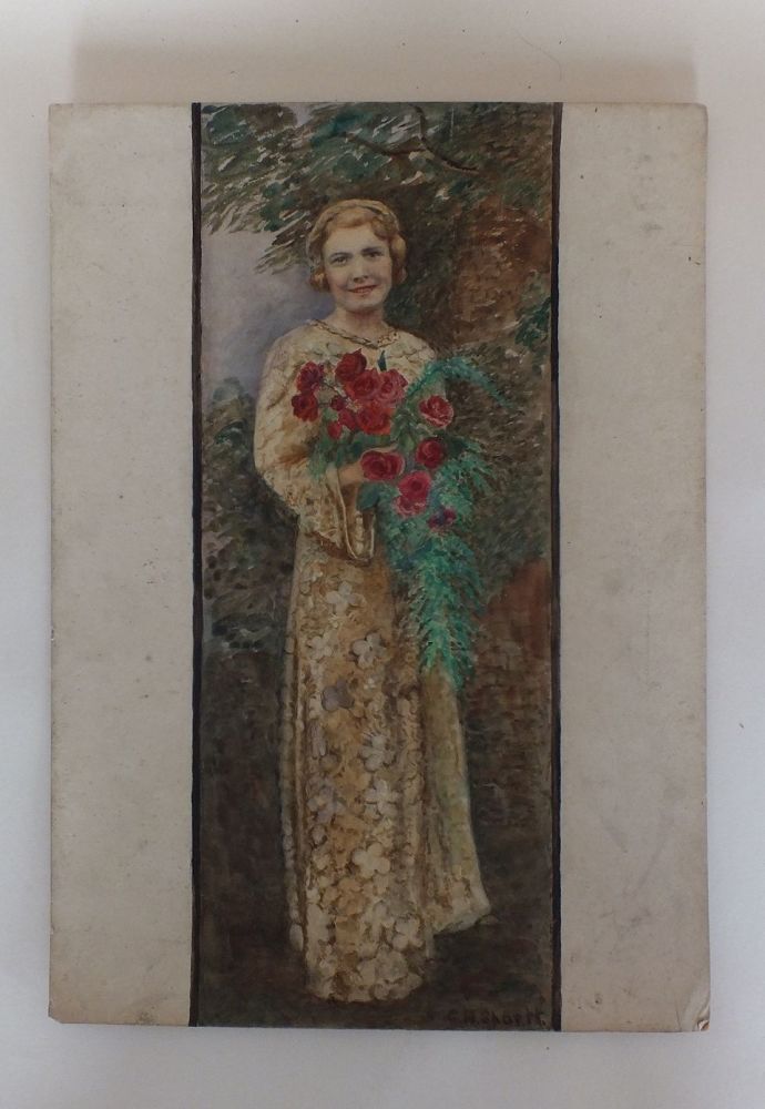 Original Watercolour Painting, Lady With Bouquet Of Roses By G H Sportt. Circa 1920s, 1930s