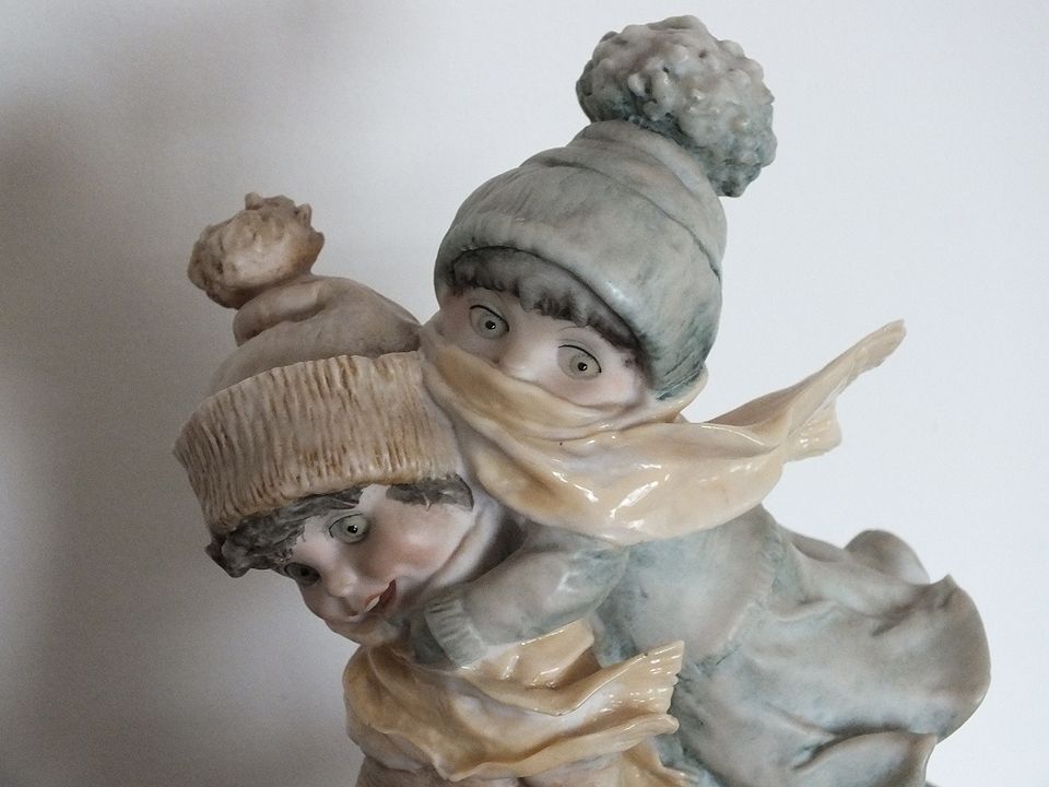 Giuseppe Armani Figurine, Boy and Girl on Sledge, Signed 1982 Florence