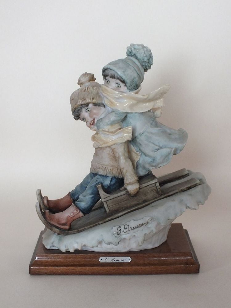 Giuseppe Armani Figurine, Boy and Girl on Sledge, Signed 1982 Florence