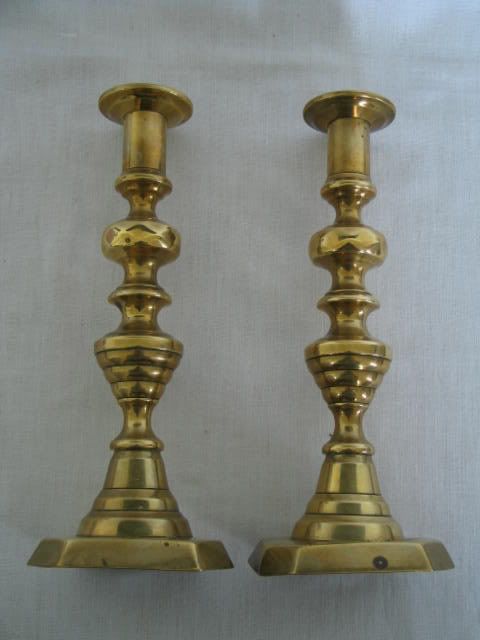 Antique English Brass Beehive Candlesticks, a Pair