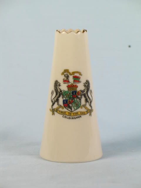 Crested China Chimney Vase With Arms of Coldingham. 