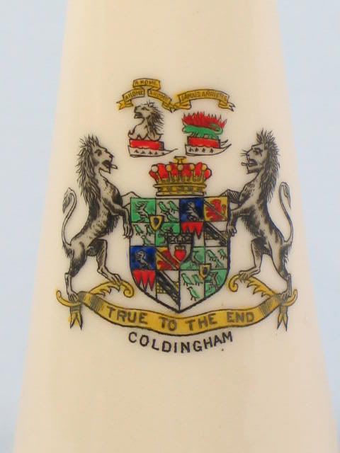 Crested China Chimney Vase With Arms of Coldingham. 