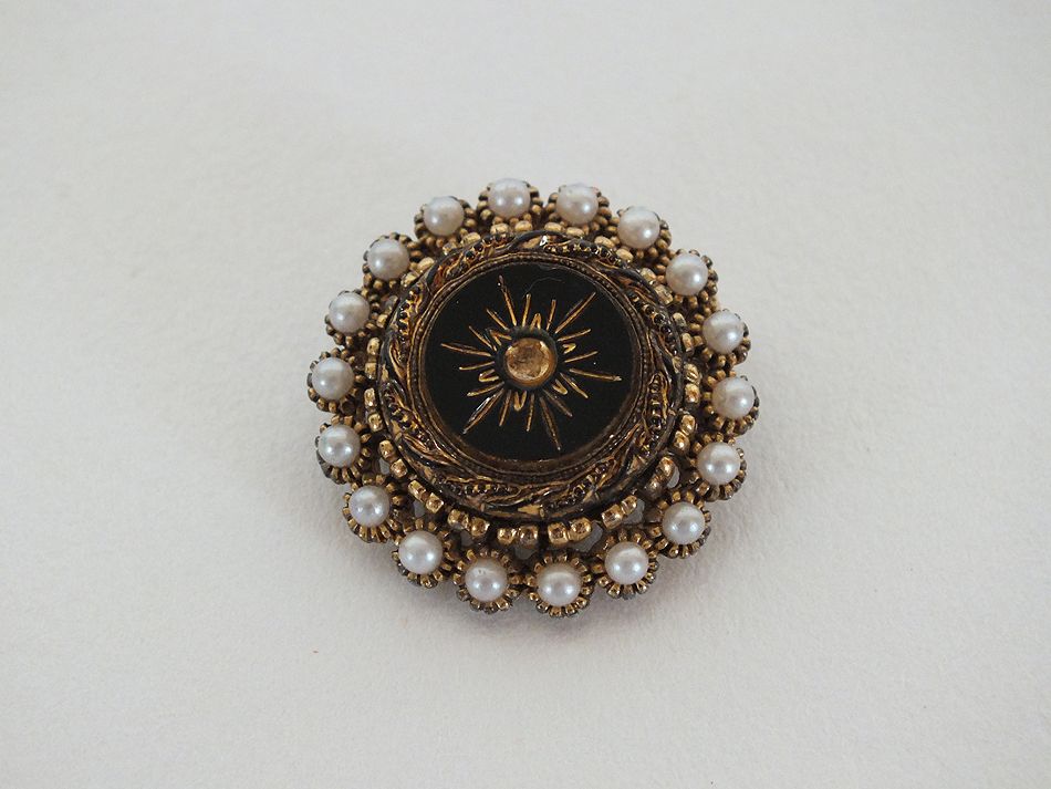 Victorian Revival Pin Brooch, Black, Gilt With Seed Pearls