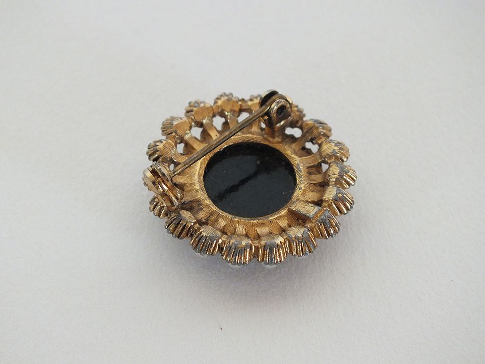 Victorian Revival Pin Brooch, Black, Gilt With Seed Pearls