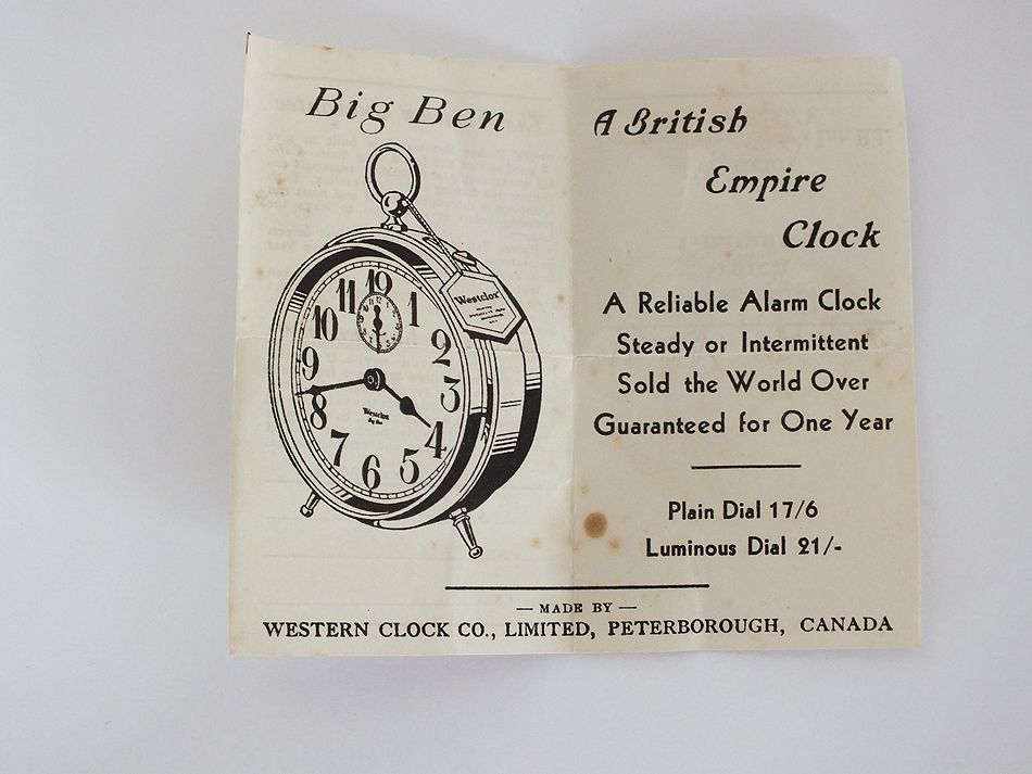 Westclox Pocket Ben Watch Original Guarantee Paper
