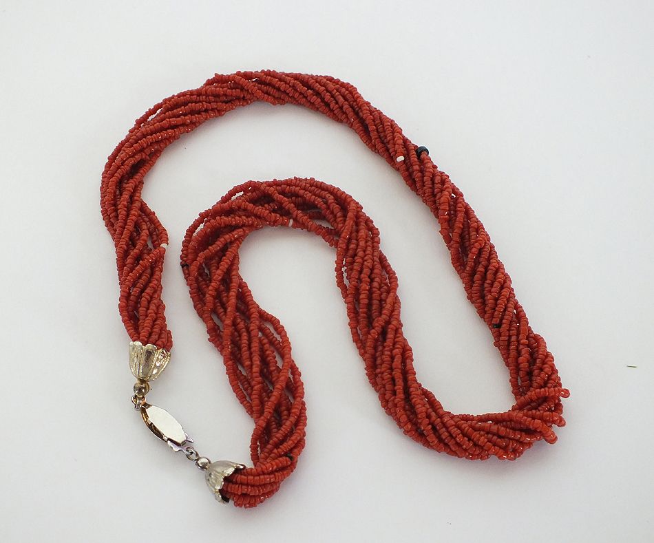 Multi-Strand Bead Necklace-Red Coral And Glass