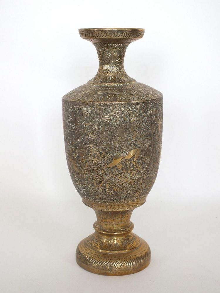 Indian Brass Baluster Vase, 10" Tall