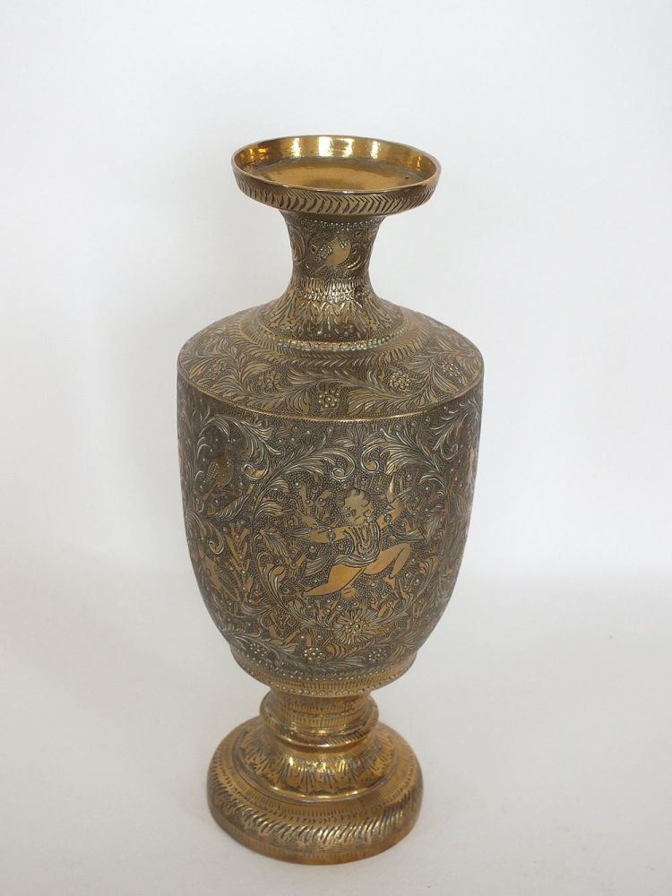 Indian Brass Baluster Vase, 10" Tall