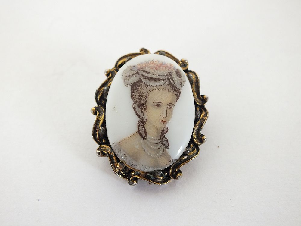 Porcelain Lady Portrait Pin Brooch, Vintage