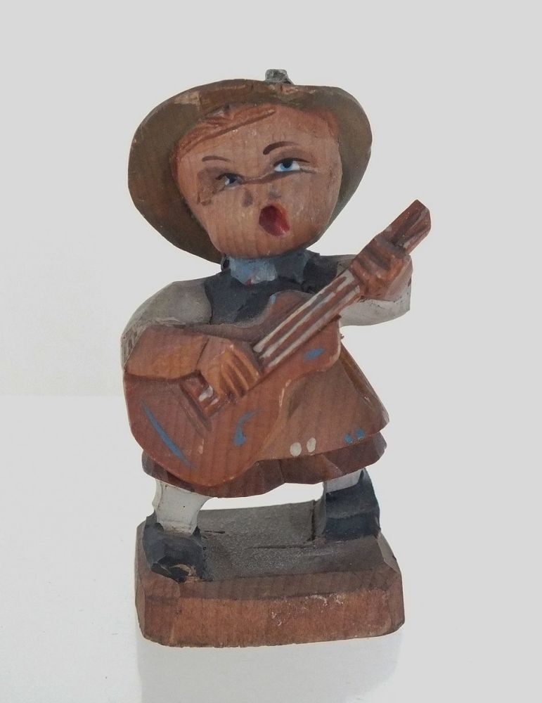 Vintage Alpine Carved Wood Guitar Player Figurine