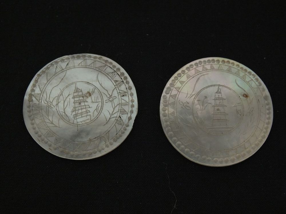 Chinese Gaming Counters x2 Hand Carved Mother Of Pearl, Pagodas