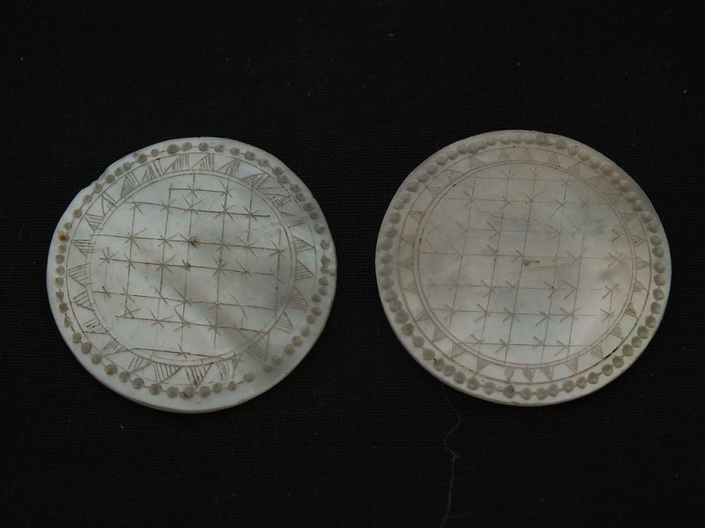 Chinese Gaming Counters x2 Hand Carved Mother Of Pearl, Pagodas