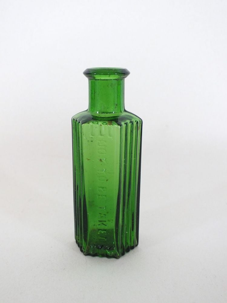 Antique Green Glass Apothecary Hexagonal Poison Bottle, 3.375"