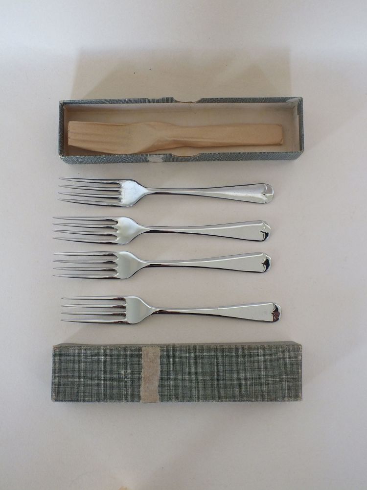 Chromium Plated Dessert Forks, Set of 5 By Harrison Fisher. Mid Century Retro