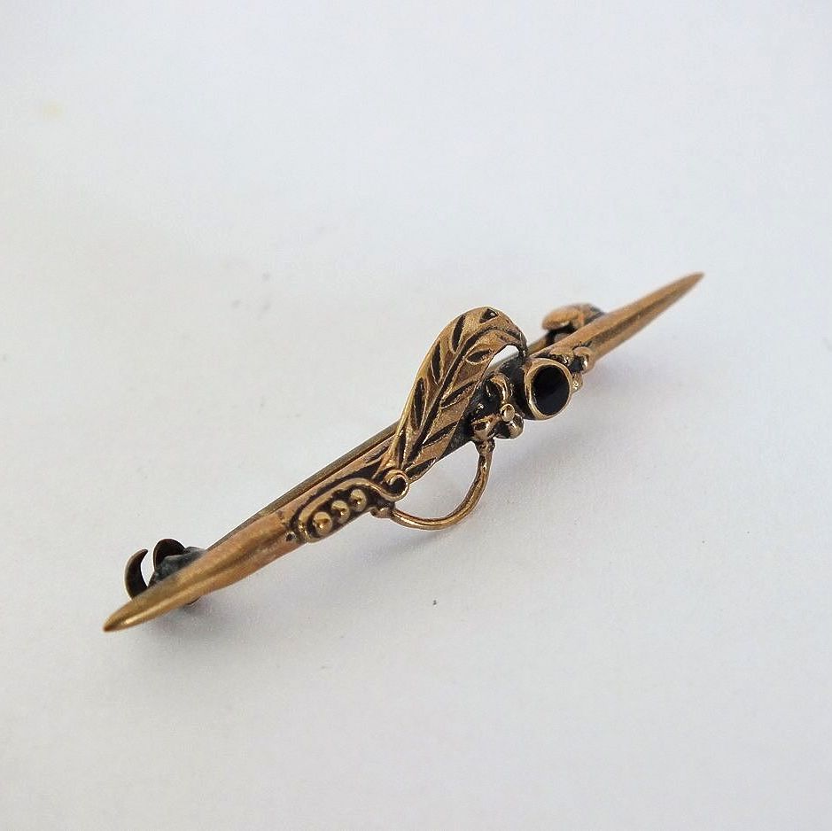 Antique Pin Brooch, Goldtone Metal With Black Set Stone 