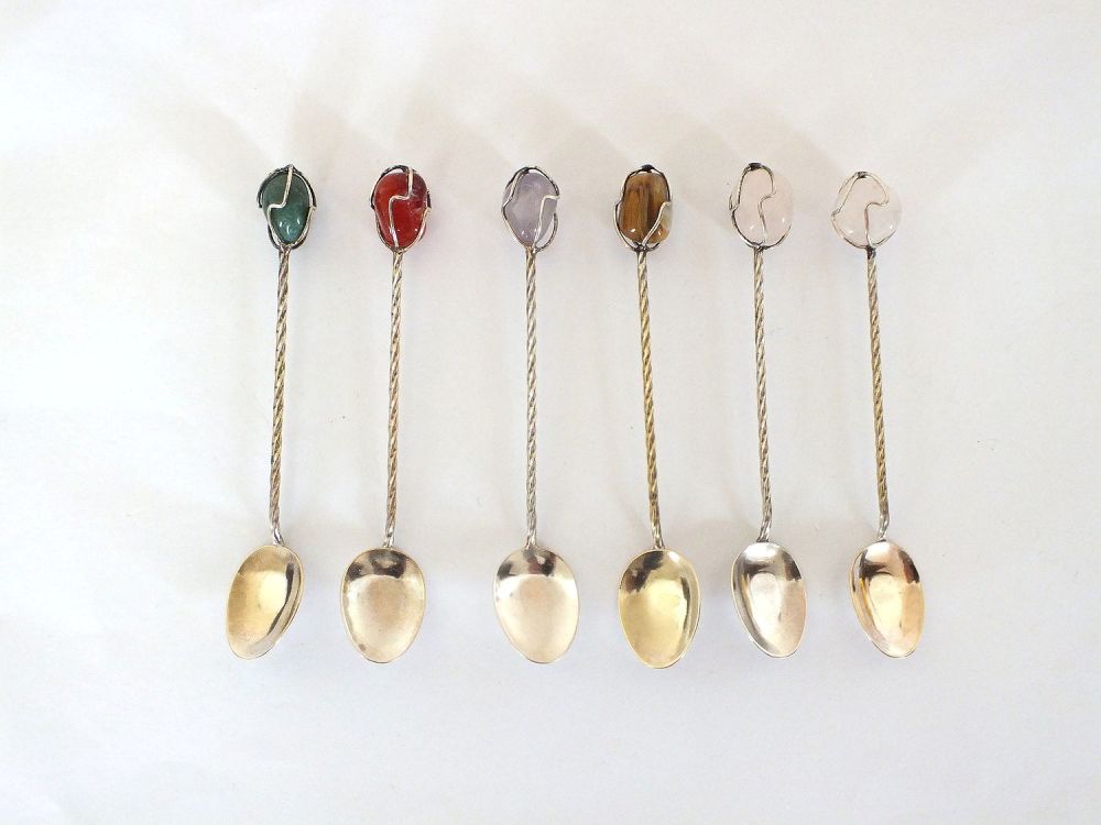 Cocktail Spoons - Set Of 6. Polished Agate & Silverplate. 1960s Vintage
