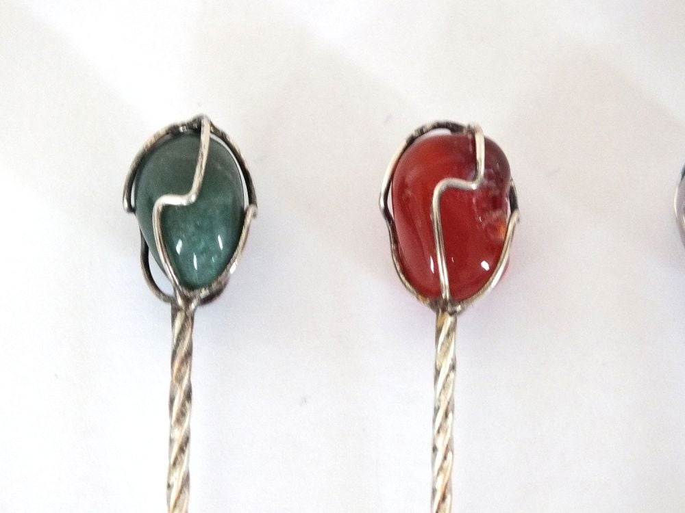 Cocktail Spoons-Polished Agate and Silverplate-Set Of 6-Circa 1960s Vintage