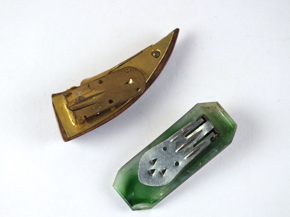 Vintage Dress Clips Lot-Art Deco Design, Green and Silvered Glass, Wood and Brass