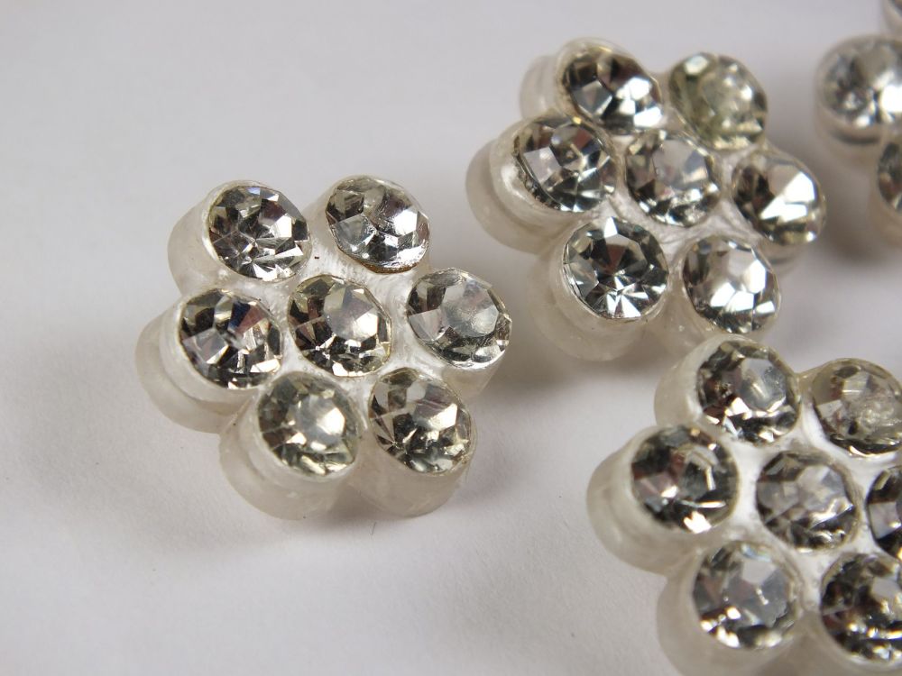 White Petal Diamante Rhinestone Paste Buttons, White Plastic Backed x5