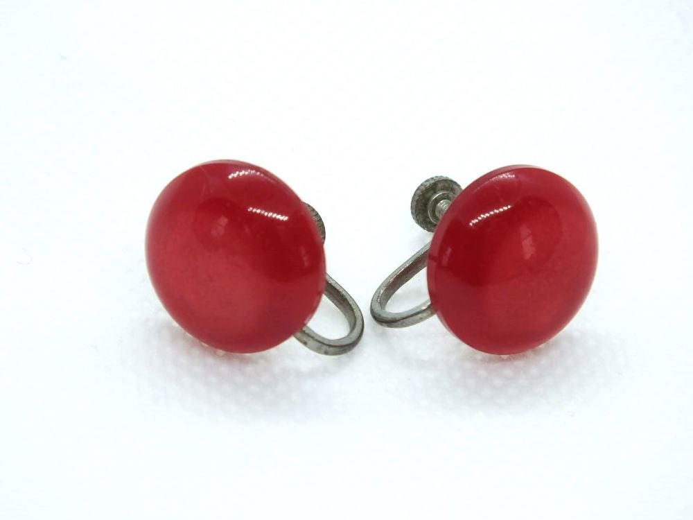 Vintage Earrings, Red Plastic Screw Backs, Circa 1950s