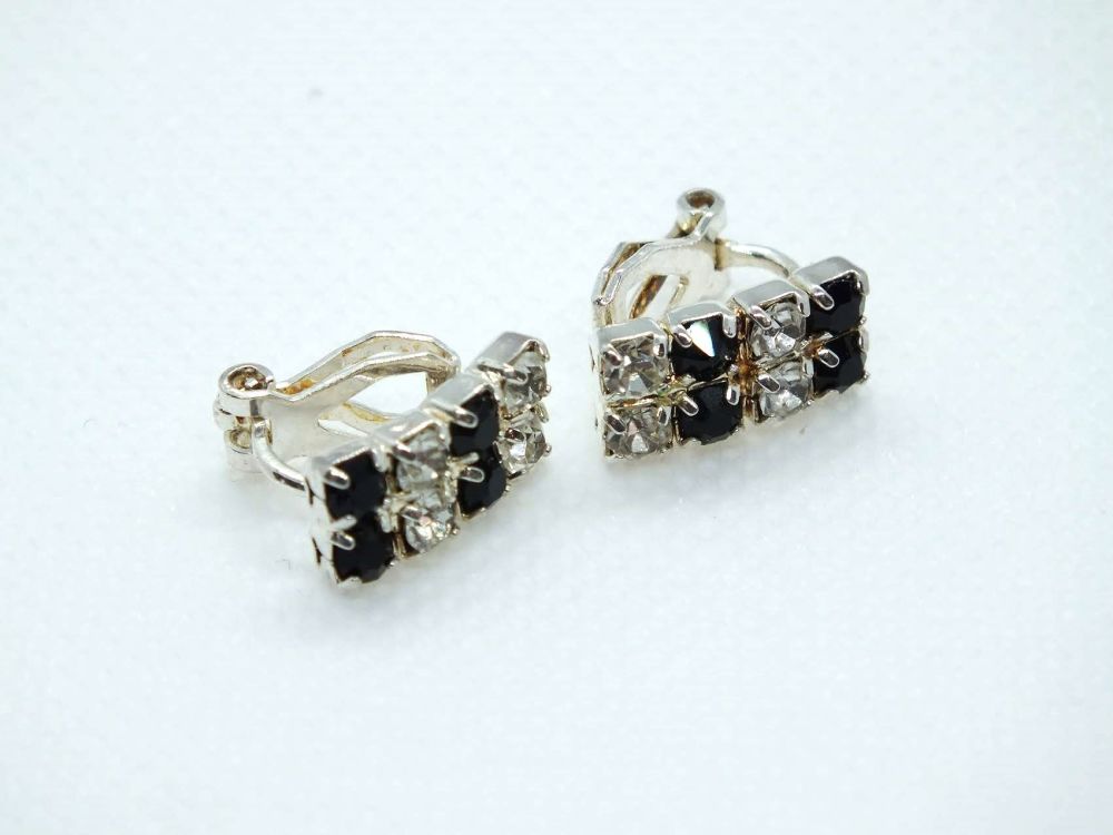 Earrings, Sapphire & White Rhinestone Clip On Backs