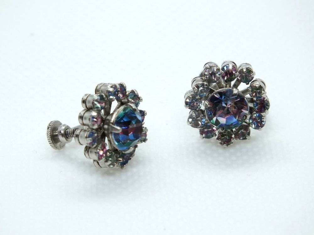 Vintage Ladies Rhinestone Stud Earrings, Screw Backs