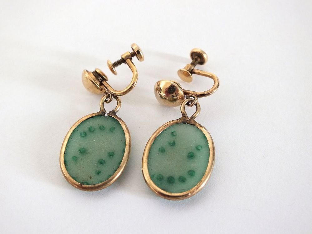 Amco Jade Green Drop Earrings-Gold Filled Screw Backs-Circa 1950s