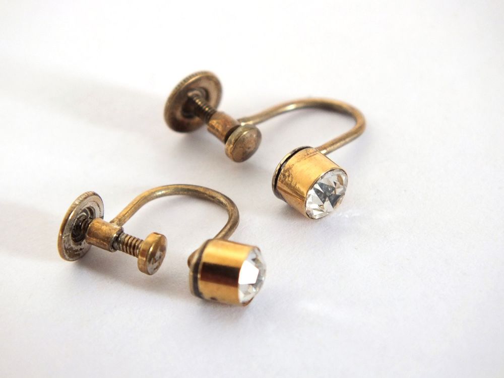 Earrings-Silver Gilt Diamante Screw Backs | 1950s Vintage