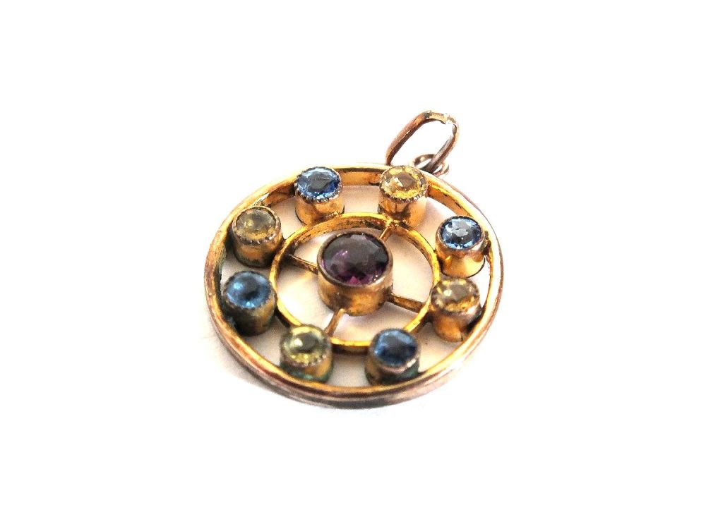Vintage Circular Necklace Pendant, Gilt With Coloured Rhinestones
