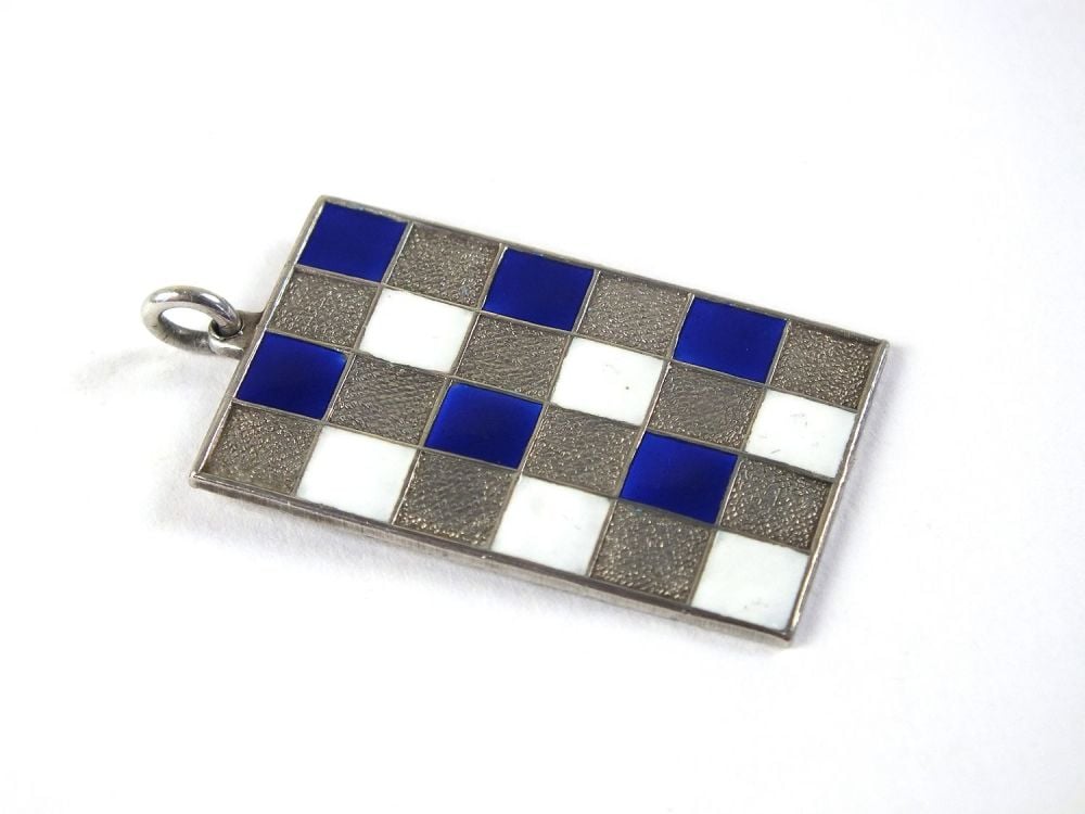 Necklace Pendant, Modernist Design. Silver With Blue & White Enamels 