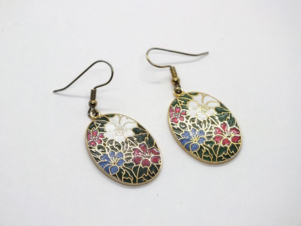 Cloisonne Enamel Flower Drop Earrings