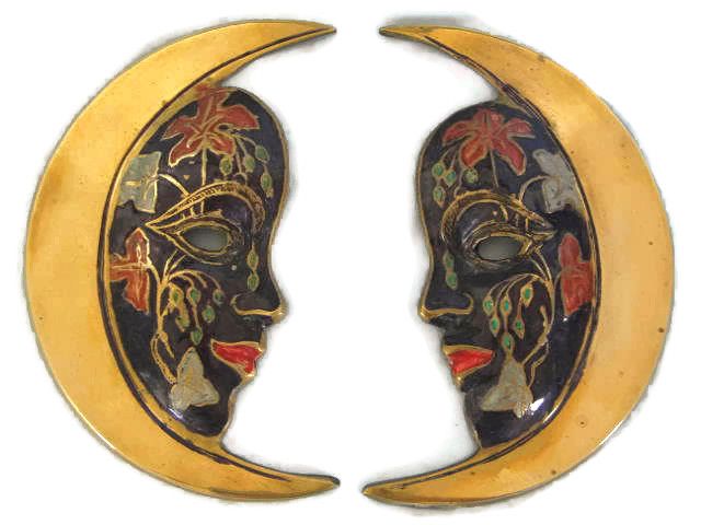 Brass & Enamel Wall Plaques, Half Moon Face