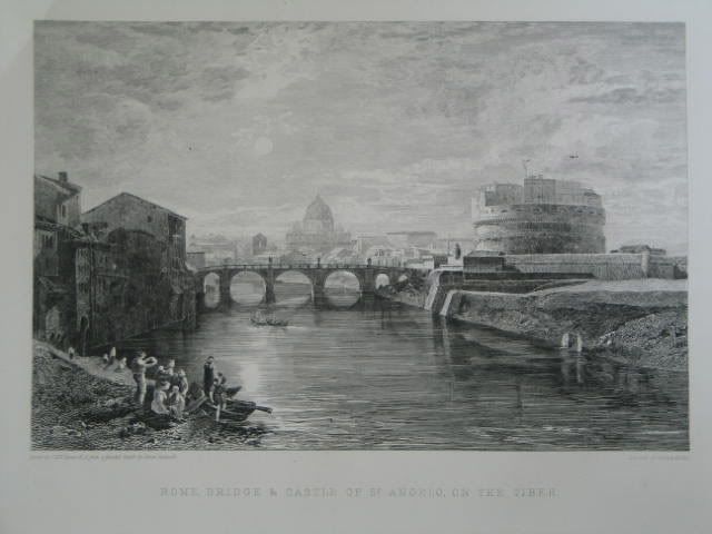 Antique Print - Bridge & Castle of St Angelo on the Tiber, Rome