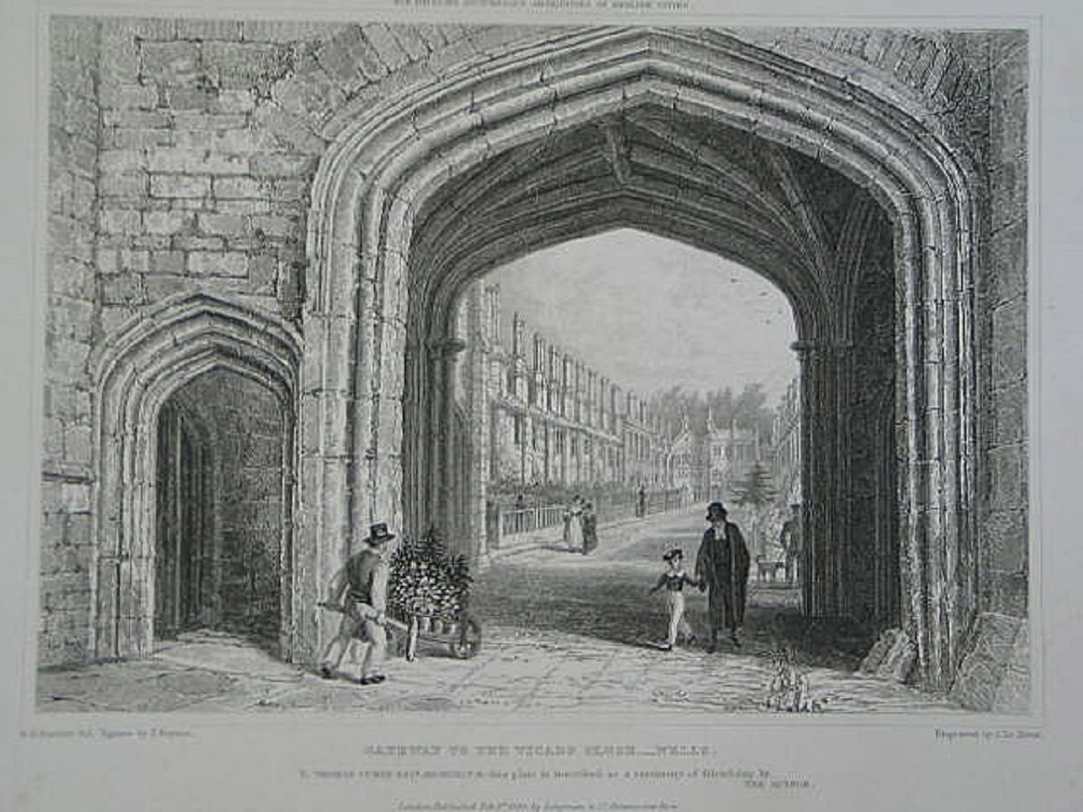 Wells, Somerset-Gateway To The Vicars Close-Antique Print-J Le Kreux / Bartlett & Baynes