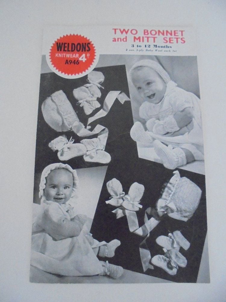 Baby Bonnet and Mitt Sets Knitting Pattern By Weldons. #A946.  Circa 1940s
