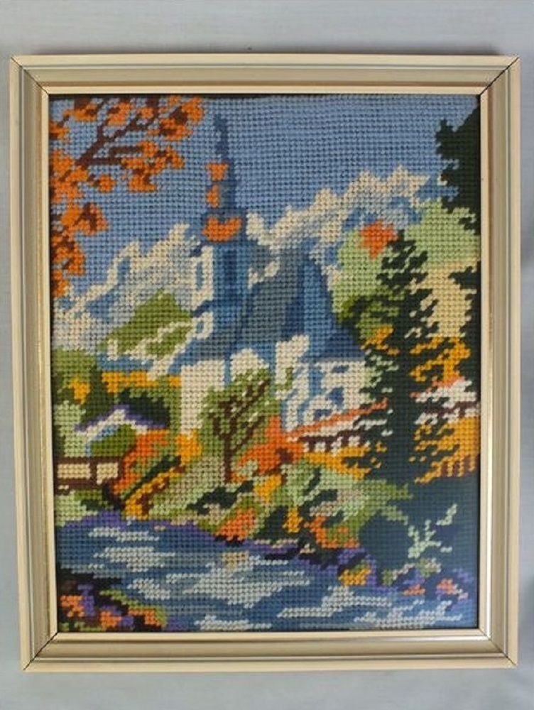 Needlepoint Wool Tapestry, Chapel Beside A River