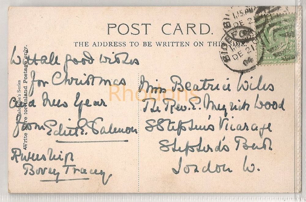 Family History Research Postcard Sent To: Miss Beatrice WILES / Rev. E WOOD. Shepherds Bush, London 1904