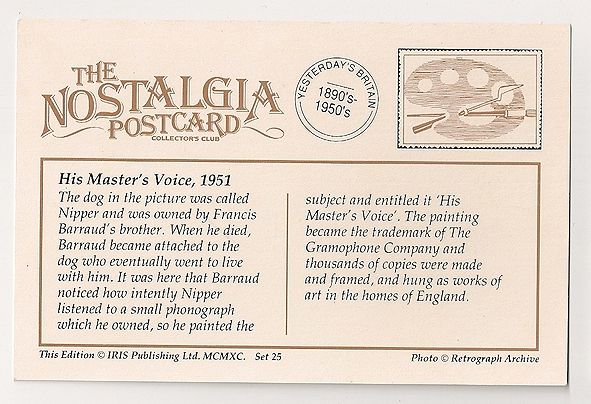 His Masters Voice, HMV, Trademark, 1951. Nostalgia Reproduction Postcard