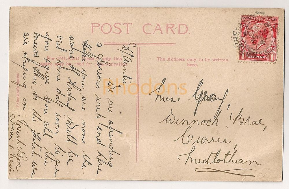 Family History Research Postcard Sent To: Miss GRAY, Winnock Brae, Currie, Midlothian 1926
