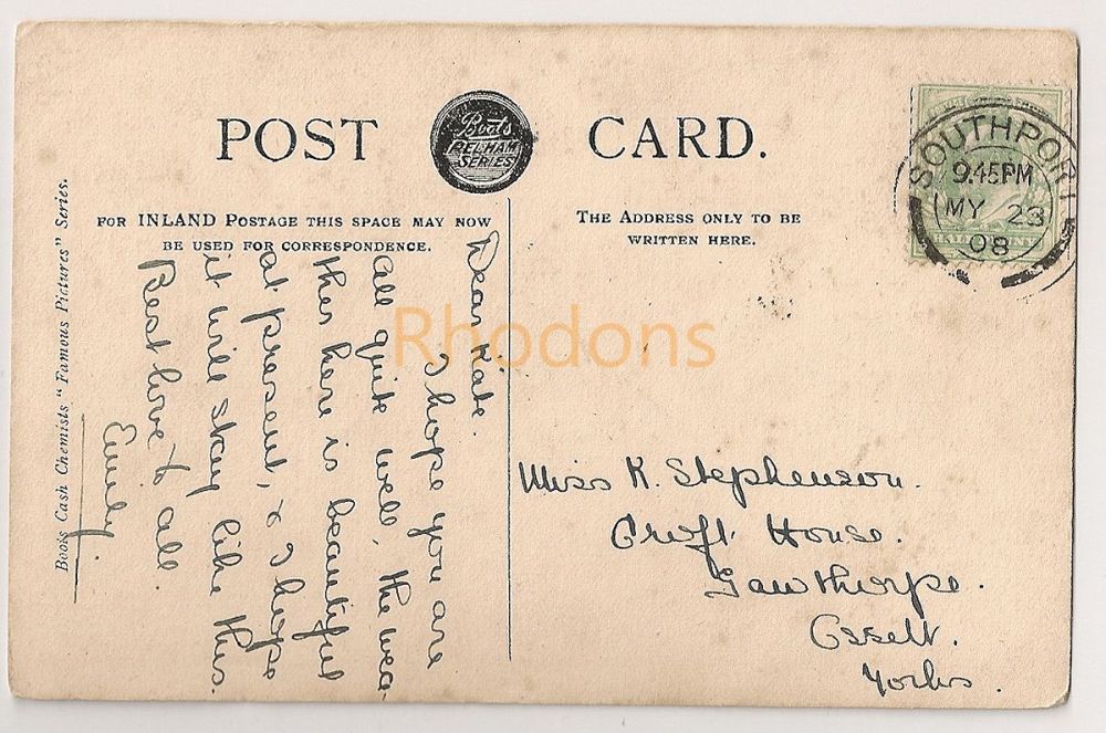 Genealogy / Family History Research Postcard Sent To: STEPHENSON - Gawthorpe, Yorks - 1908