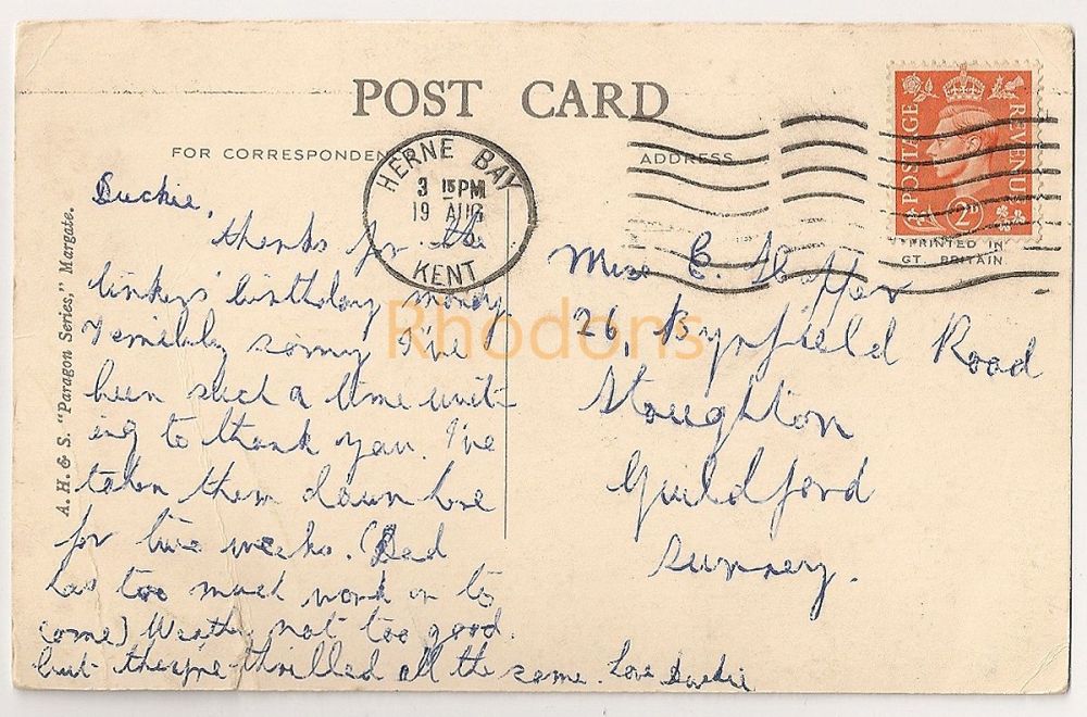 Genealogy Postcard Sent To: Miss HOPPER, Stoughton Guildford-1940s/1950s | Herne Bay Multiview