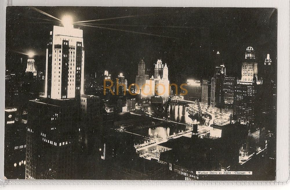 Wacker Drive At Night, Chicago-Circa 1930s Real Photo Postcard