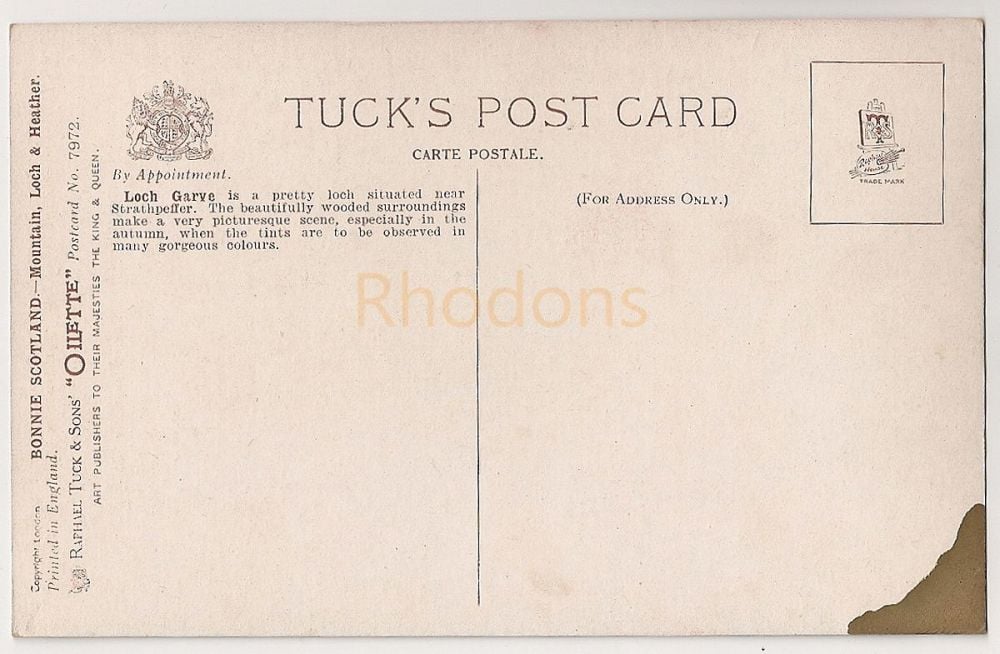 Tucks Oilette Postcard #7972 - Loch Garve, Highlands. Bonnie Scotland Series - Mountain, Loch, Heather. Early 1900s