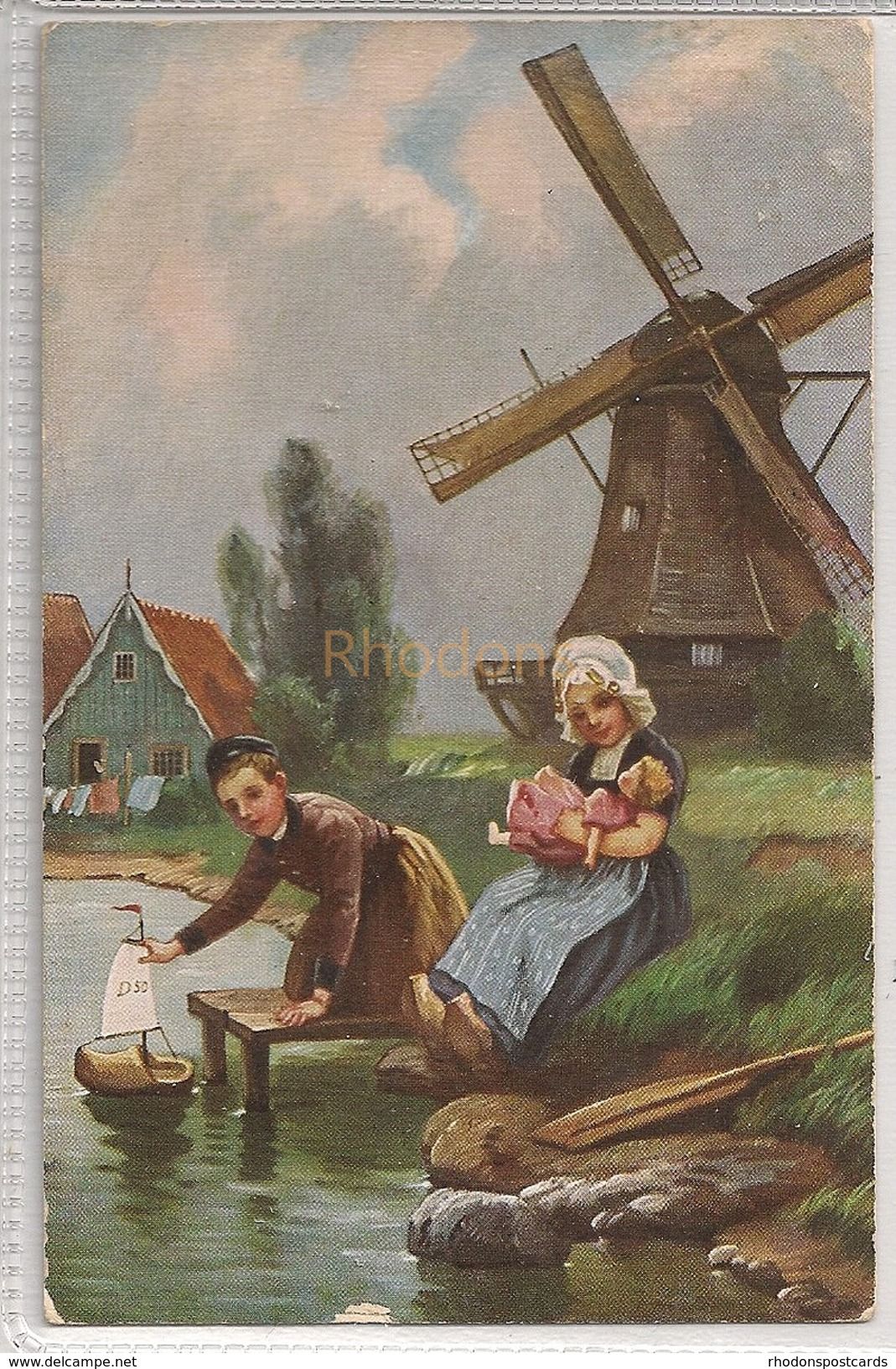 Raphael Tuck Oilette Series Card #9780. Little Hollanders With Windmill. (1
