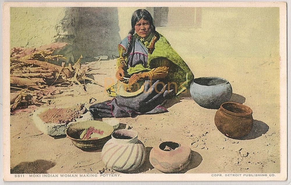 USA: Moki Indian Woman Making Pottery. Fred Harvey Postcard # 5511