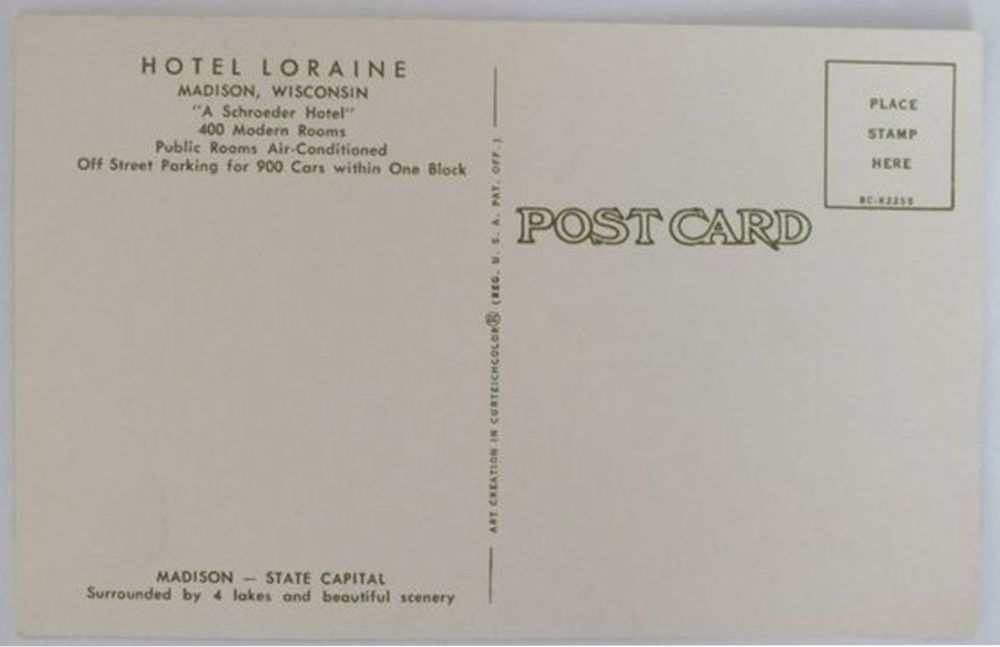 USA: Wisconsin. Hotel Loraine, Madison. Circa 1950s Postcard